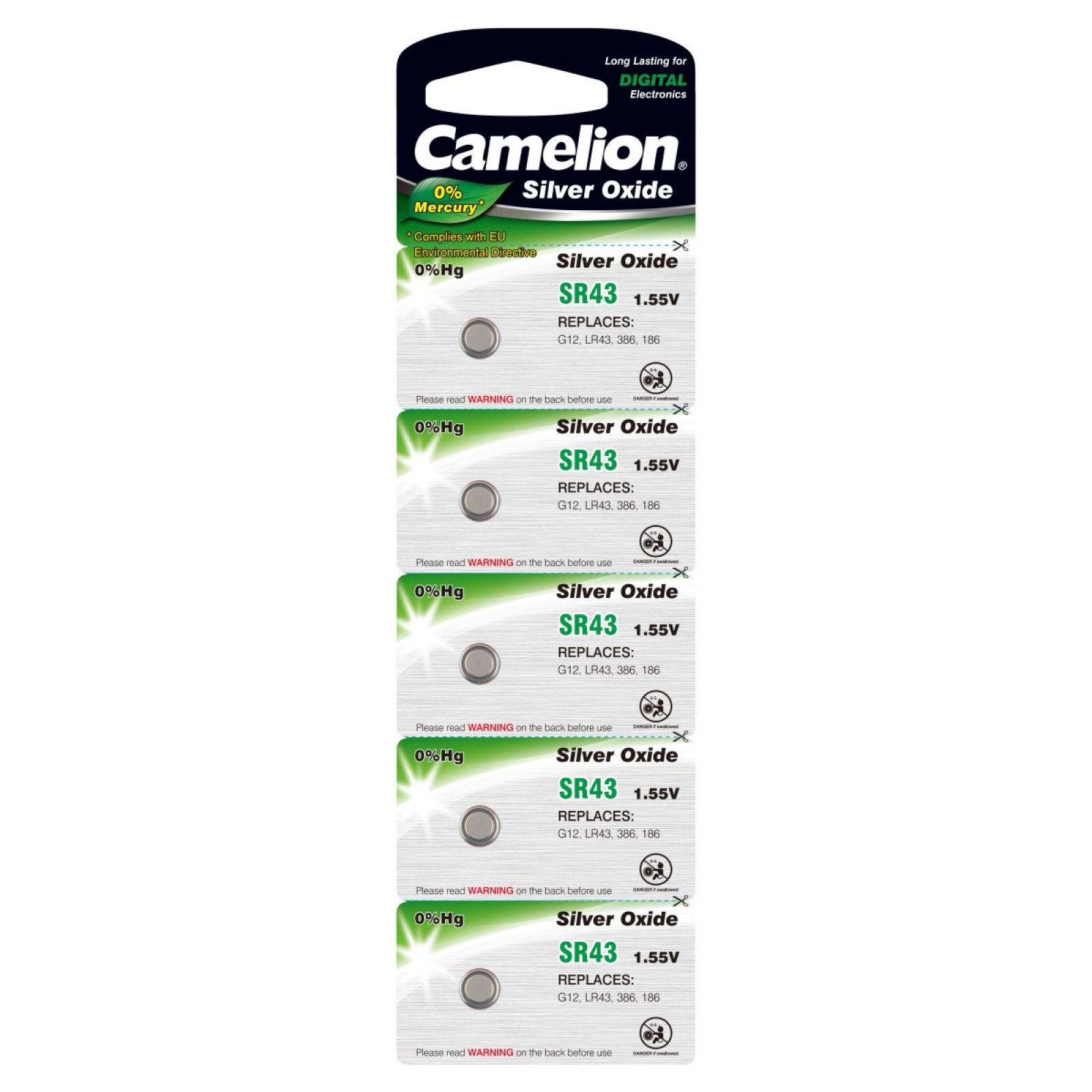 Pila CAMELION Reloj SR43 / G12 / 386 / LR43 / 186 blíster 5 unid.