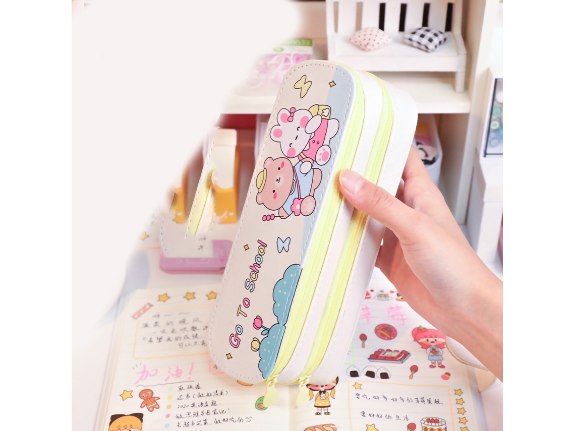 Estuche De Lápices De Doble Capa Con Gran Capacidad Estilo Simple Impermeable Para Niñas Estudiantes Oso Conejo De Hierba Amarillo