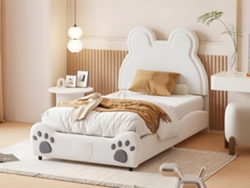 Cama Infantil 90 X 200 Cm - Forma De Oso - Tejido De Terciopelo - Blanco
