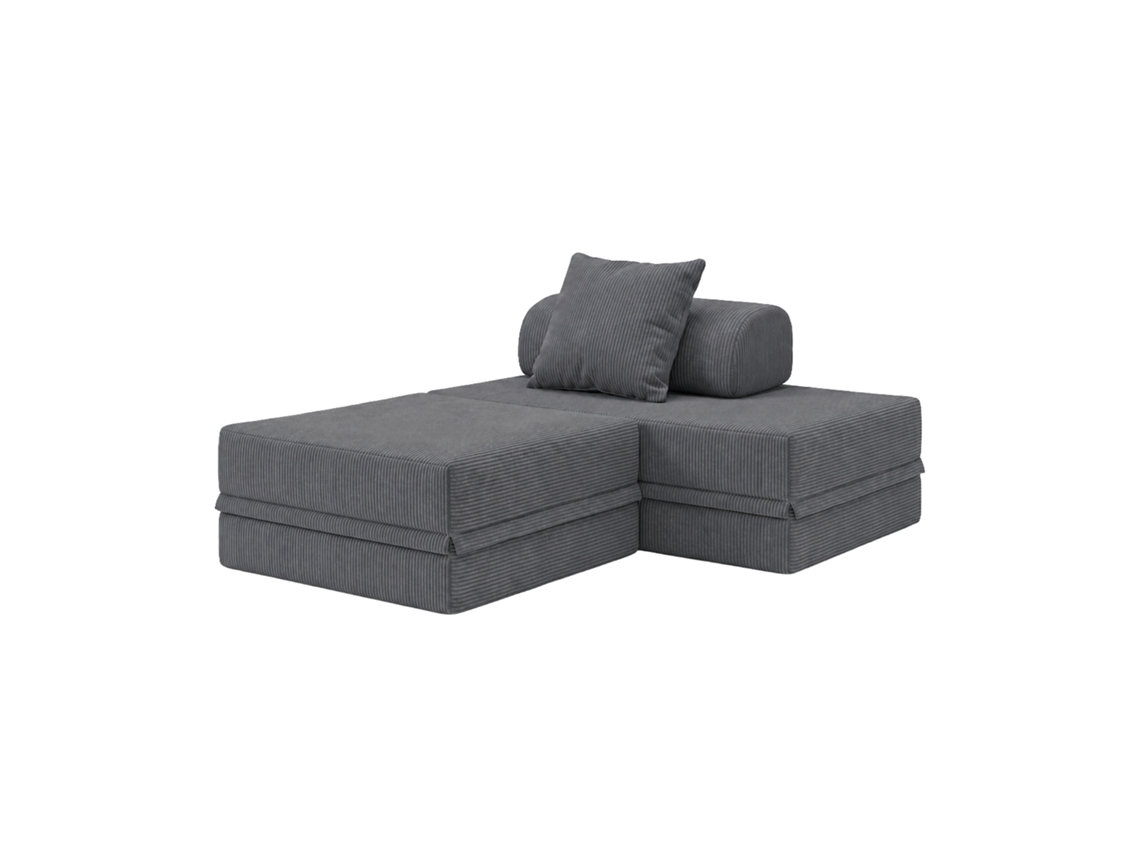 Sofá Modular 2 Lugares + Puff Convertible Veludo Regular Cinza