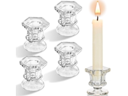 Juego de cuatro candelabros de cristal transparente, en forma piramidal hexagonal, ideales para bodas y fiestas.