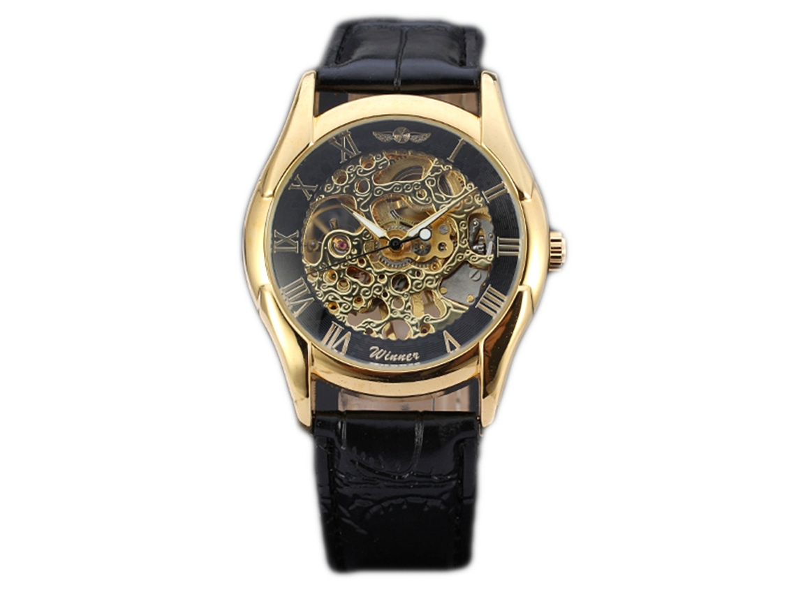 Reloj Hombre De Negocios Con Dial De Patrón Hueco Correa Pu Oro Oro