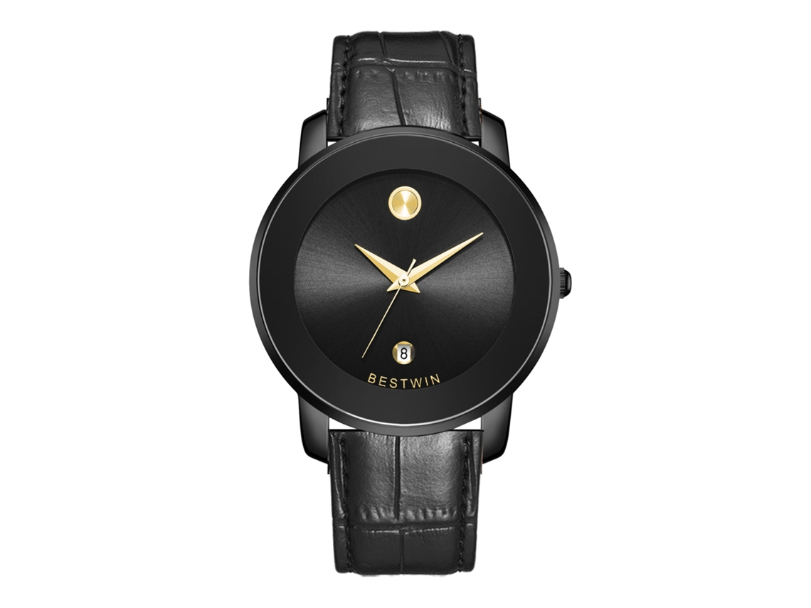 Reloj De Cuarzo Para Hombre (negro Con Manecillas Doradas Y Correa De Cuero)