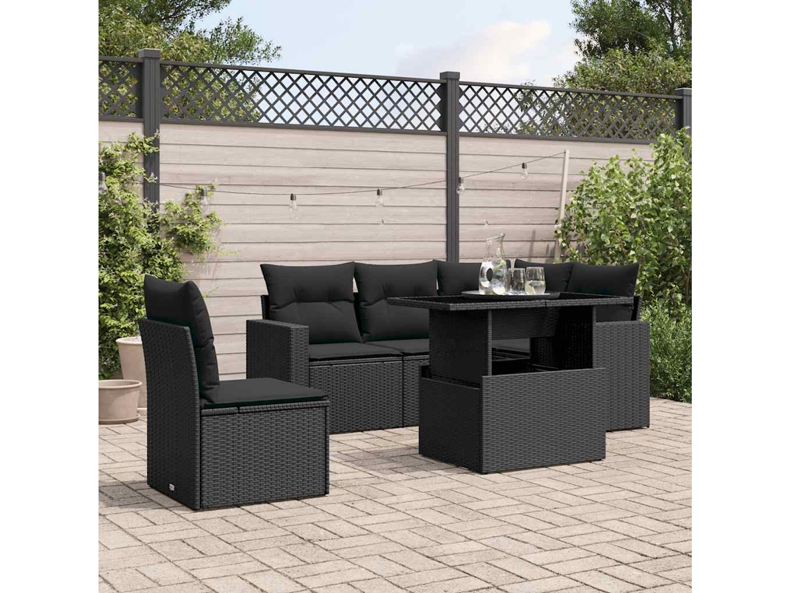 Conjunto de sofá de jardín de 6 piezas con cojines, mimbre sintético negro, DKD Home Decor