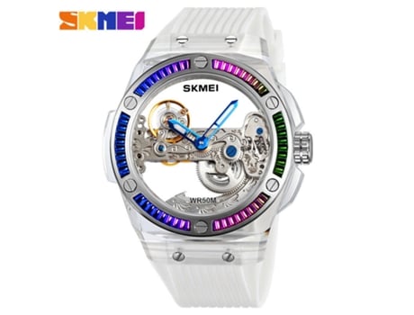 Reloj esqueleto para hombre Reloj mecánico automático con correa de sílice resistente al agua -blanco LUUCOZK
