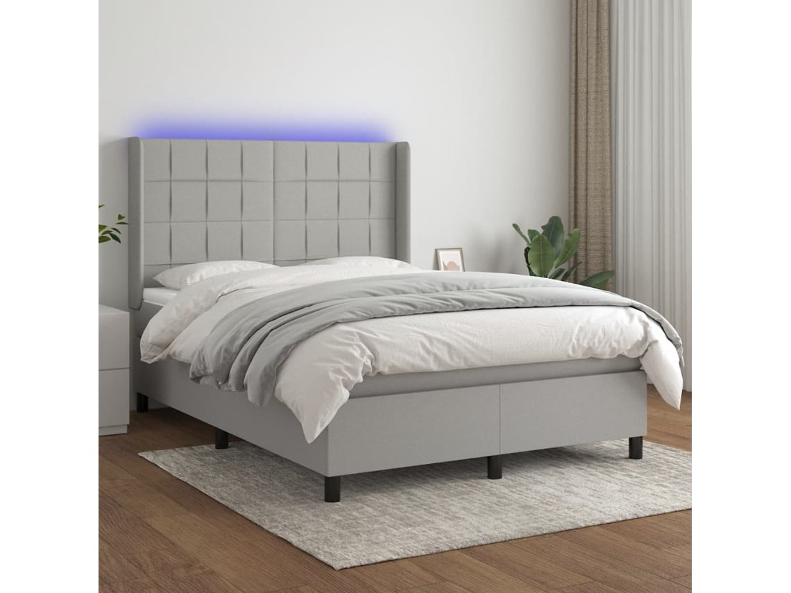 Cama Box Spring Colchón Y Luces Led Tela Gris Claro 140x190 Cm