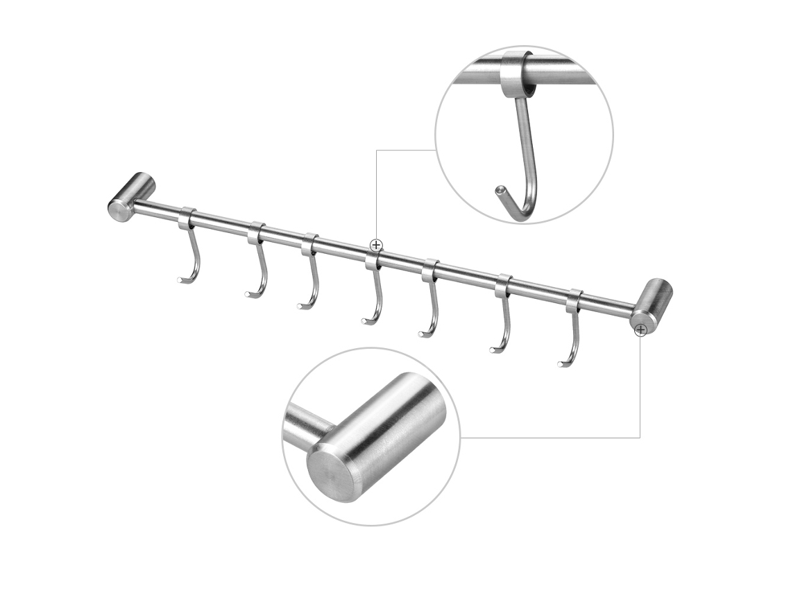 Soporte De Pared De Acero Inoxidable 304 Con 7 Ganchos Móviles Para Cocina Y Baño.