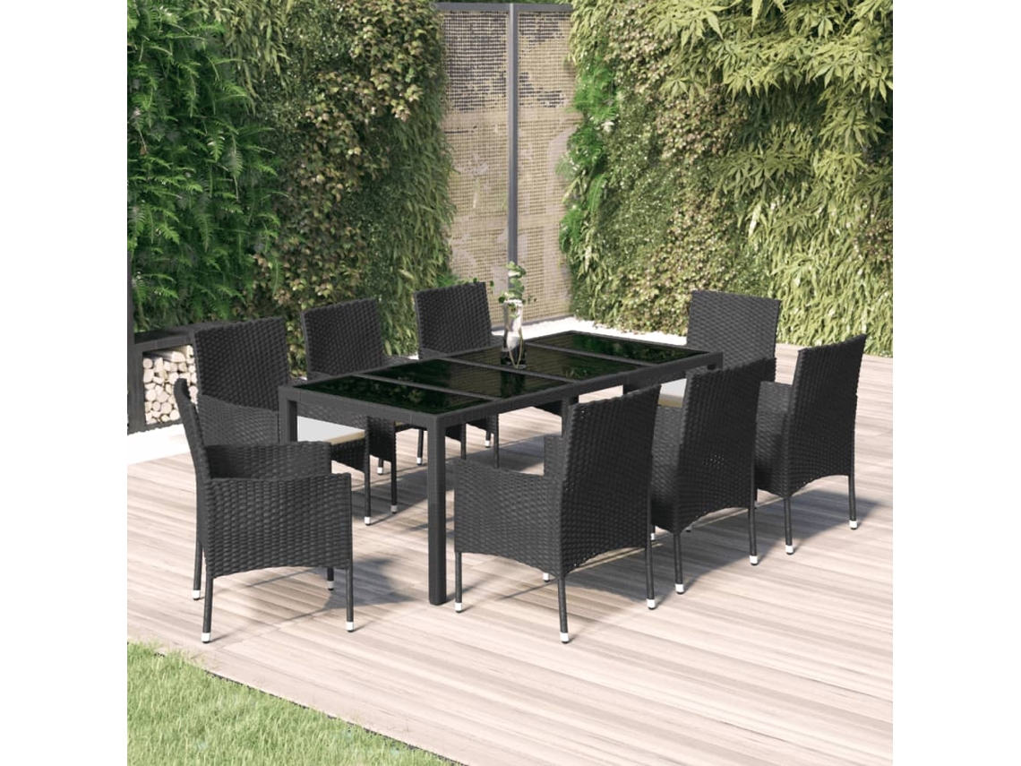 Juego de comedor de jardín de 9 piezas con cojines de mimbre negros de DKD Home Decor