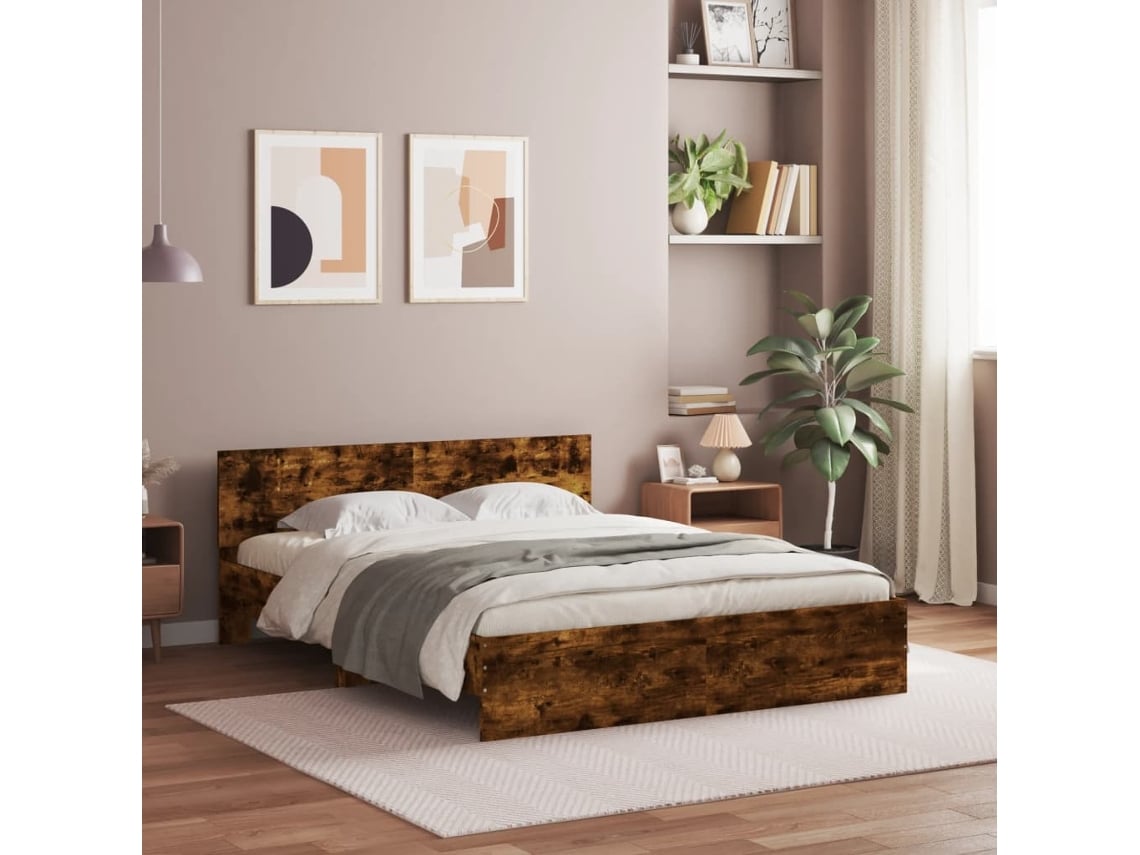 Estructura De Cama Con Cabecero Roble Ahumado 140x200 Cm
