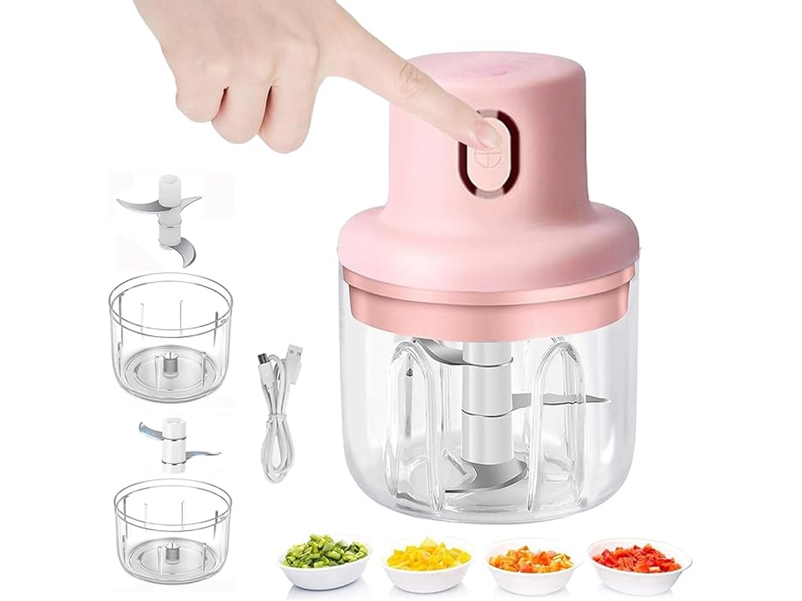 Molinillo de ajo eléctrico inalámbrico de 250 ml. Ideal para jengibre, pimienta, fruta, carne, especias, judías, etc., color rosa.