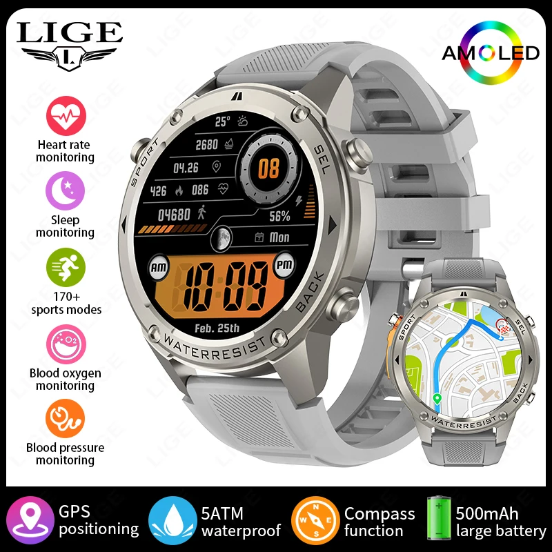 Reloj inteligente (gris) con pantalla AMOLED de 1,43 pulgadas, llamadas de voz, resistencia al agua de 5 ATM, batería de 500 mAh, monitorización de la salud y GPS.
