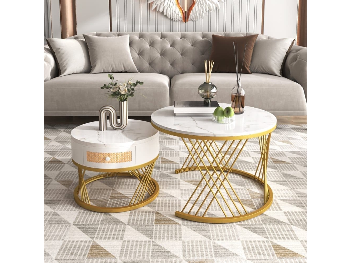 Mesa De Centro 2 En 1 70x70+50x50 Cm - Tapa Mármol, Cajones Ratán Y Patas Doradas - Blanco