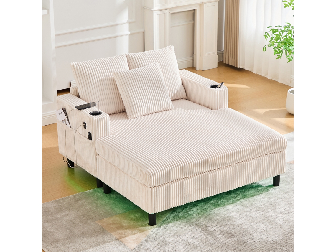 Sillón Chaiselongue Grande - Suave Con Portavasos Laterales, Puertos Usb, Iluminación Led Integrada - Beige