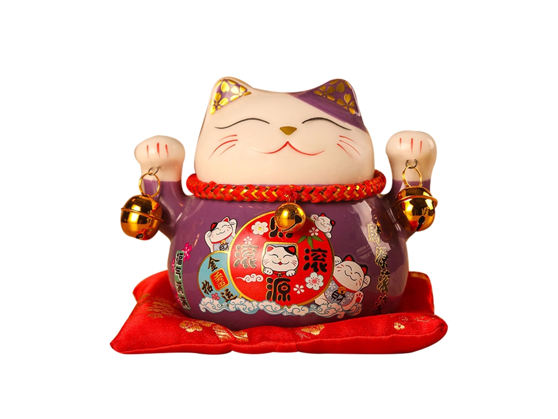 Hucha De Cerámica Con Forma De Gato De La Suerte De 11,4 Cm (4,5 Pulgadas) Con Bonito Adorno De Oficina Y Cartel De Bienvenida (morado)