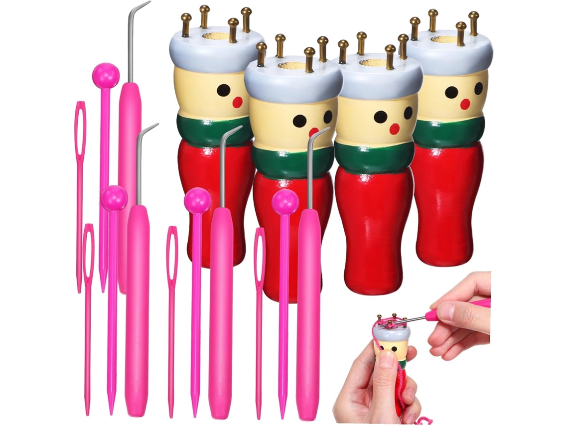 Kit De Tejido De Muñecas De Madera De 4 Piezas Con Accesorios De Punto Multicolores Para Niños