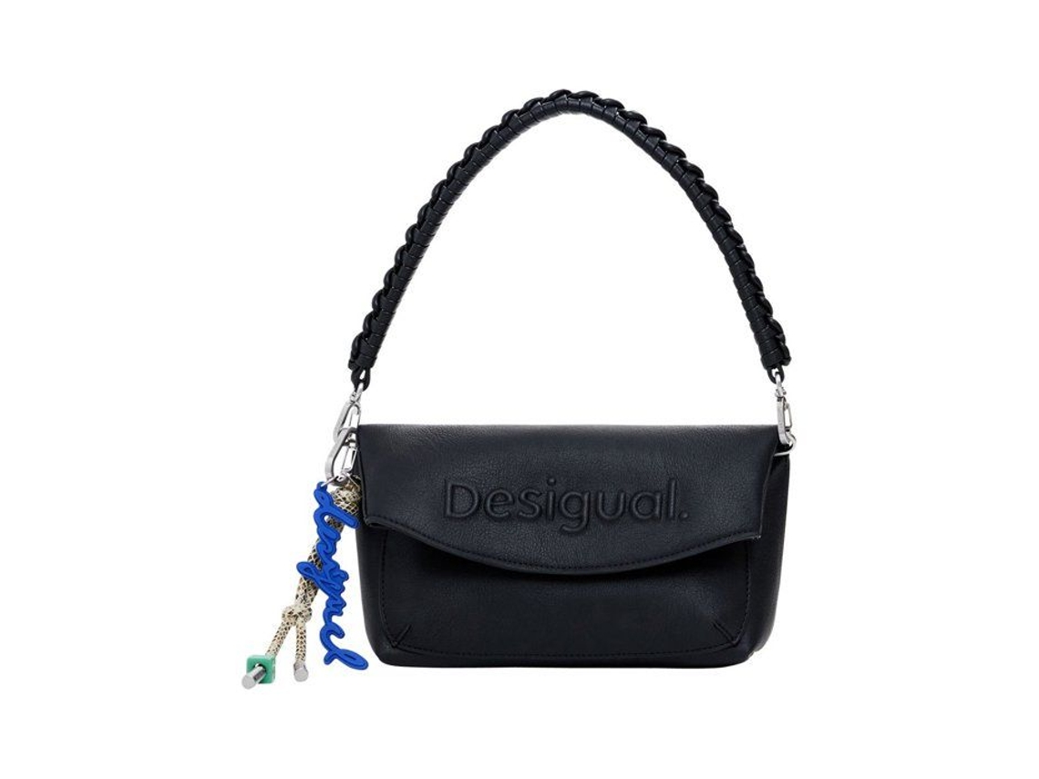 Bolso negro liso con correa trenzada y solapa magnética