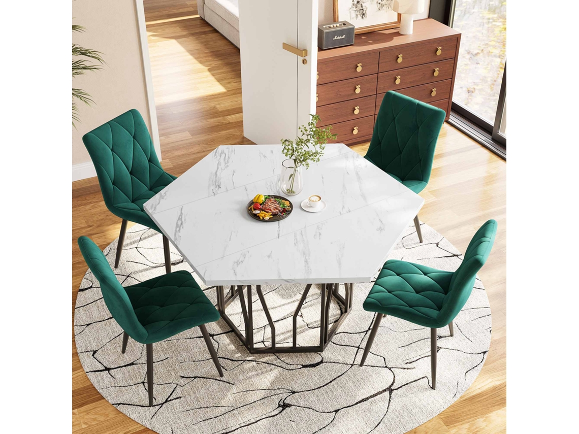 Juego de comedor de 5 piezas, mesa hexagonal de mármol, 4 sillas de terciopelo verde, estilo moderno