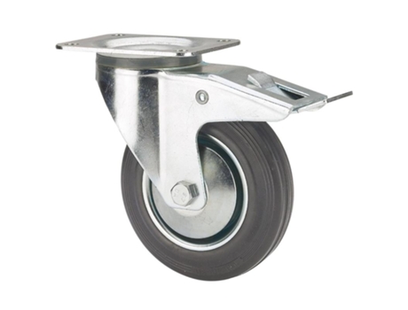 Rueda giratora placa freno 120-160-3 cp metalico-goma negra eje rodillos ALEX