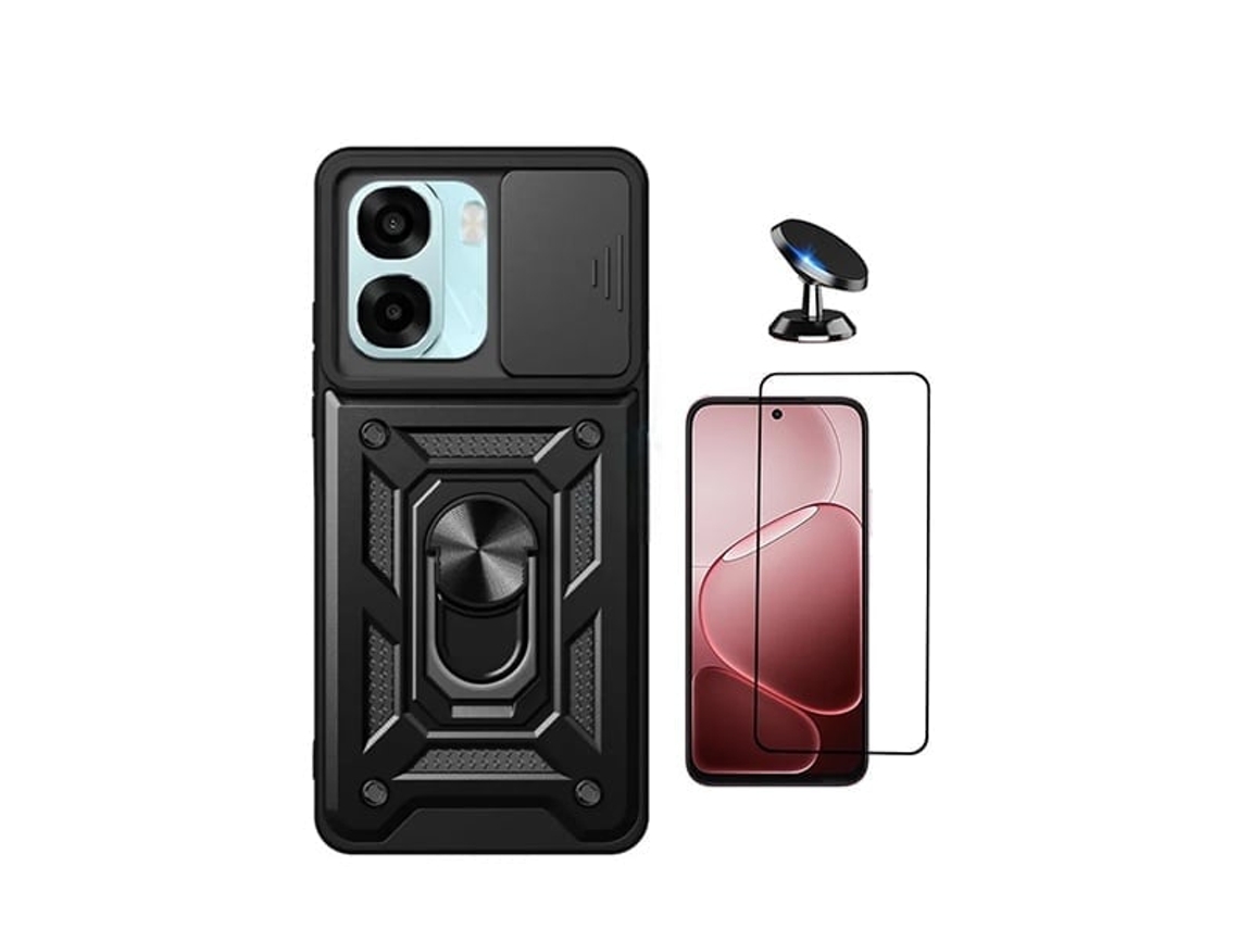 Kit De Película De Cristal Templado De Funda Completa 5d Funda Deslizante De Defensor Militar Magnético Soporte Magnético Para Coche Phonecare Para Oppo A6 5g - Negro