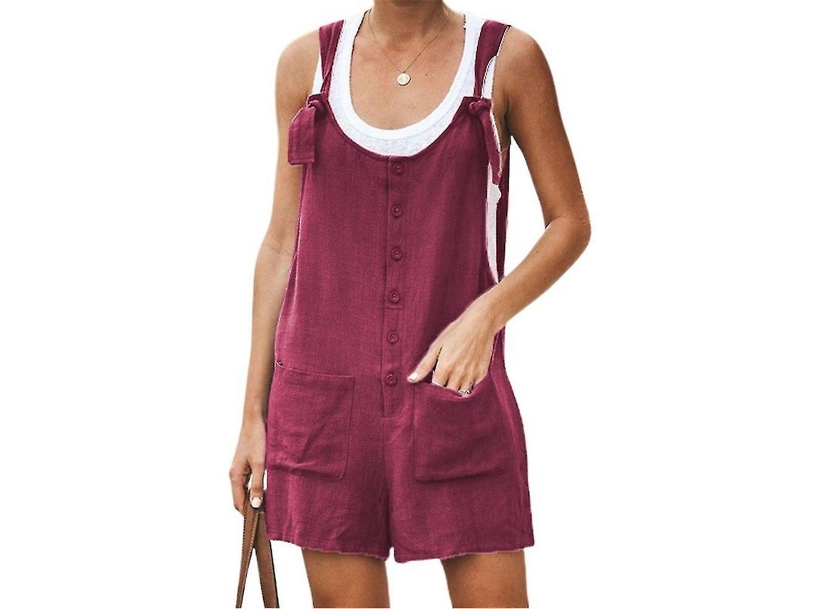 2026-mono Corto De Pantalones Para Mujer Talla Grande Casual Con Botones, Cuello Redondo Y Bolsillos De Poliéster