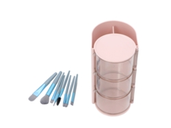 Caja De Almacenamiento Para Esponja De Polvos Con 8 Brochas De Maquillaje, Plástico Transparente, Giratoria, 3 Niveles, Color Rosa.