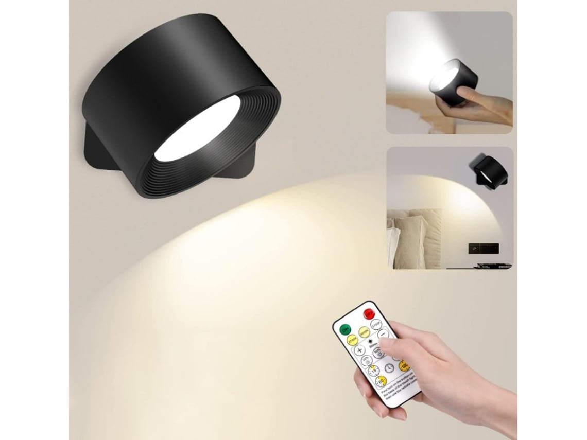 Lámpara de pared recargable por USB para lectura, LED portátil, dormitorio, luz nocturna, pantalla táctil, negra.