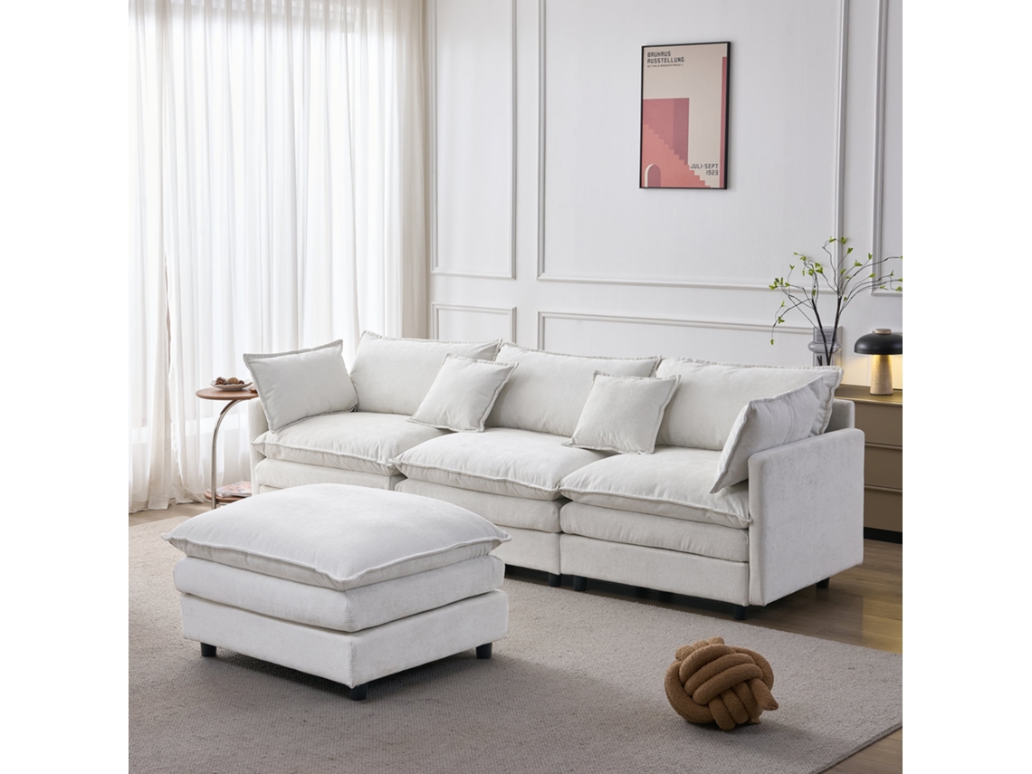 Sofá modular esquinero de 3 plazas - L, chaise longue + puf, chenilla premium, cómodo, para espacios reducidos - beige