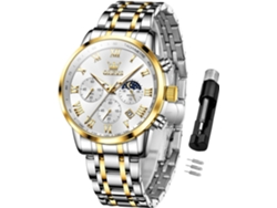 Reloj cronógrafo de cuarzo para hombre, con fase lunar, luminoso, resistente al agua (blanco)
