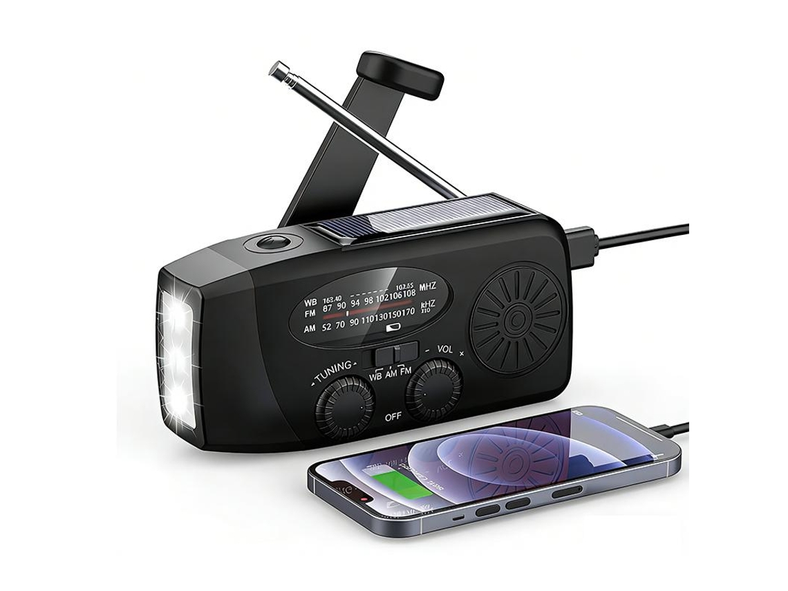 Radio Portátil De Emergencia Am Fm Noaa 2000mah 3 Modos De Carga Solar Usb Manivela Linterna Actualizado 4 Antenas 3 Led