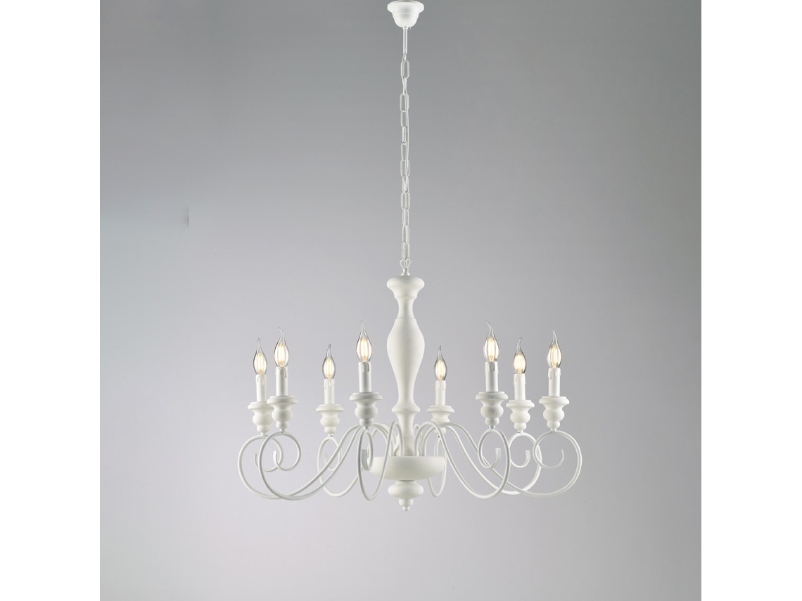 Cascina - Lámpara De Araña Shabby De Hierro Y Madera Lacada En Blanco 8 Luces 121 - Ø82 - Bl265-8-bco