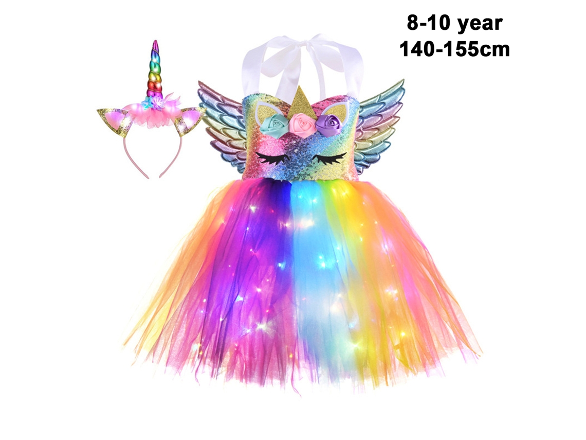 Ats-disfraz Led Para Niña Vestido Arcoíris Con Lentejuelas Alas Y Diadema Para Fiestas Cumpleaños Disfraces Cosplay 10t 140-155cm