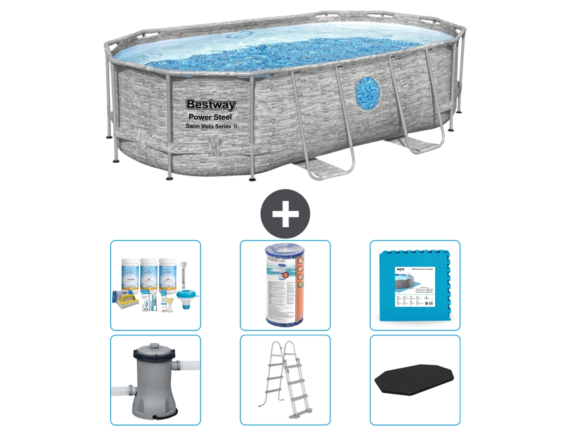 Piscina BESTWAY Oval Power Steel Swim Vista - Estampado Piedra - 427 x 250 x 100 - Incluye Bomba - Escalera - Cobertor Accesorios CB30