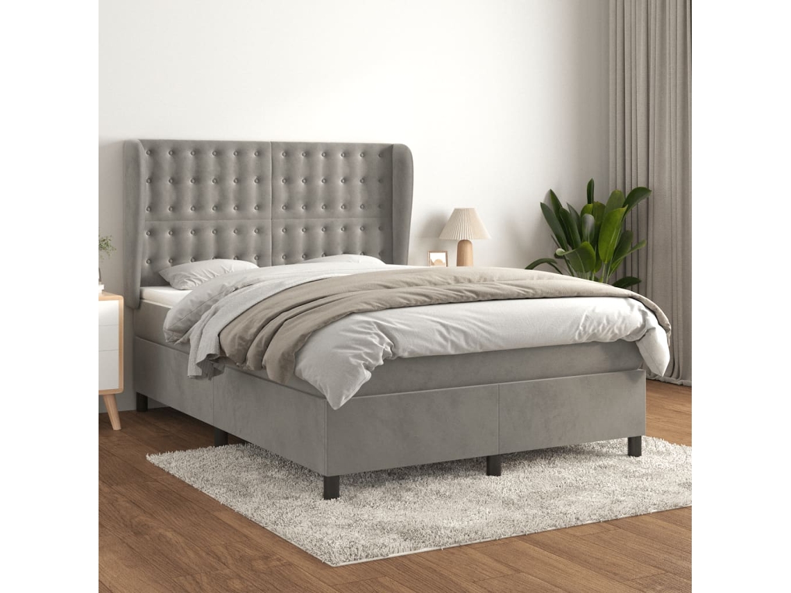 Cama Box Spring Con Colchón Terciopelo Gris Claro 140x200 Cm