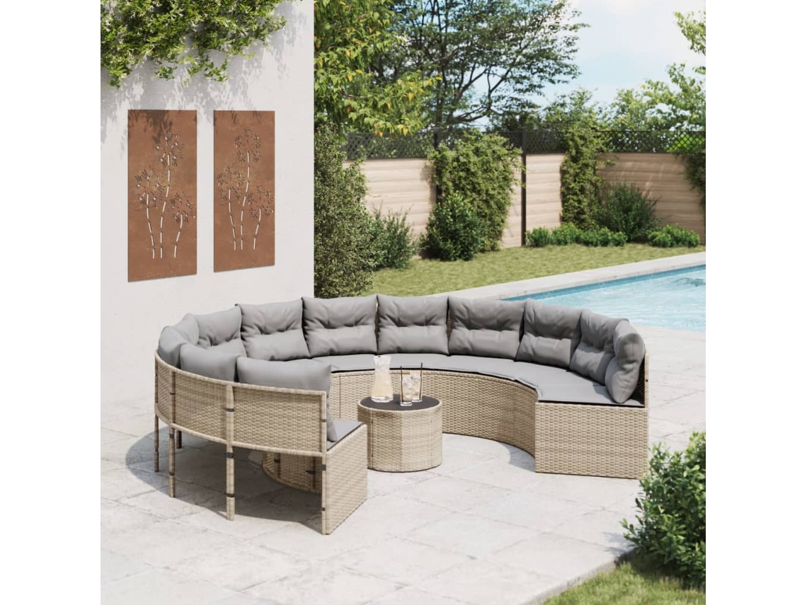Sofá de jardín con mesa y cojines redondo de mimbre PE beige Dkd Home Decor