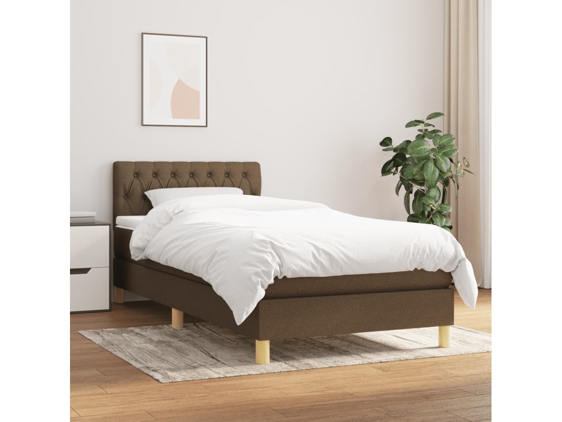 Cama Box Spring Con Colchón Tela Marrón Oscuro 90x200 Cm