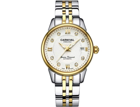 VEANXIN Relojes impermeables con esfera de acero y banda de acero automático con diamantes para mujer-Oro blanco