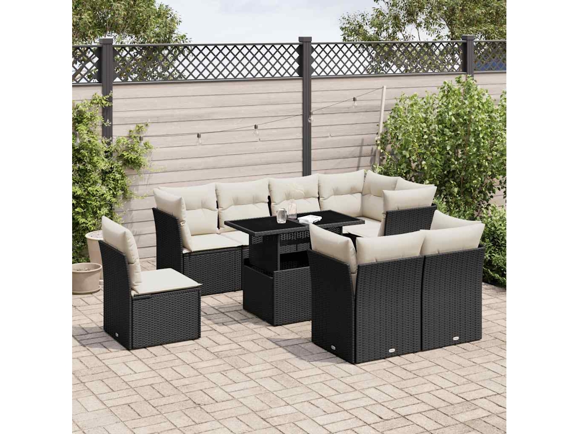 Conjunto de sofá de jardín de 9 piezas con cojines, ratán negro, Dkd Home Decor