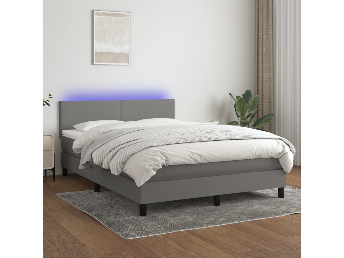 Cama Box Spring Con Colchón Y Led Tela Gris Oscuro 140x190 Cm