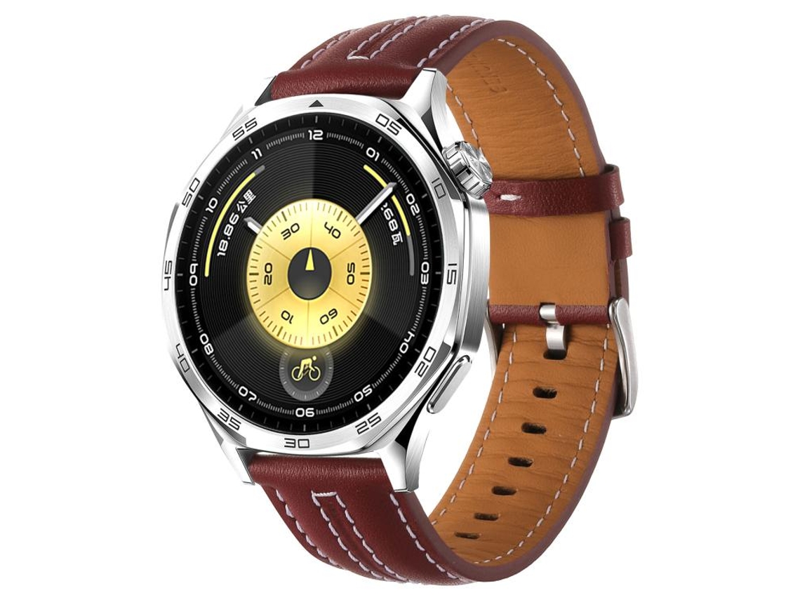 Bracelete Para Huawei Watch Gt 6 (46mm) - Couro - Costura Bicolor - Fivela Prateada (22mm) Vinho Tinto