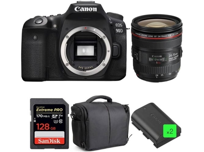 Kit Cámara Réflex CANON EOS 90D + EF 24-70mm f/4L IS USM + SanDisk 128GB + 2 LP-E6N + Bolsa
