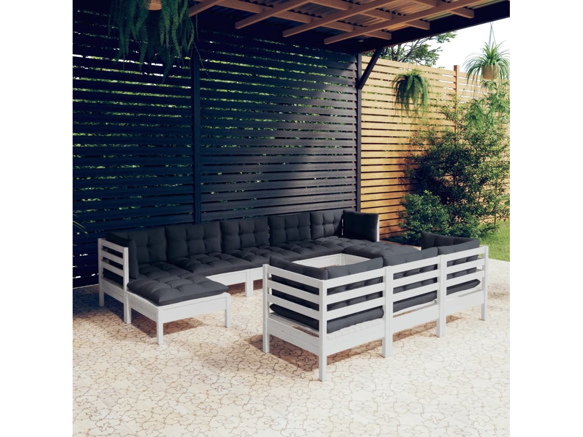 Conjunto de jardín de 10 piezas con cojines, pino macizo blanco, DKD Home Decor