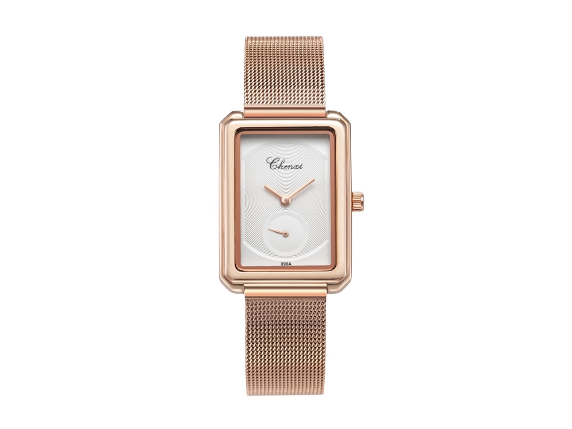 Reloj De Pulsera Rectangular De Moda Para Mujer Con Brazalete De Malla Blanca Y Oro Rosa.