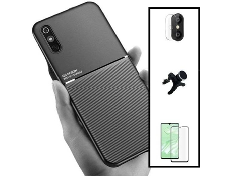 Kit Funda Magnetic Lux, 5D Full Cover, Protector de Cámara Trasera y Soporte Magnético de Coche Reforzado Xiaomi Redmi 9A Sport PHONECARE Negro