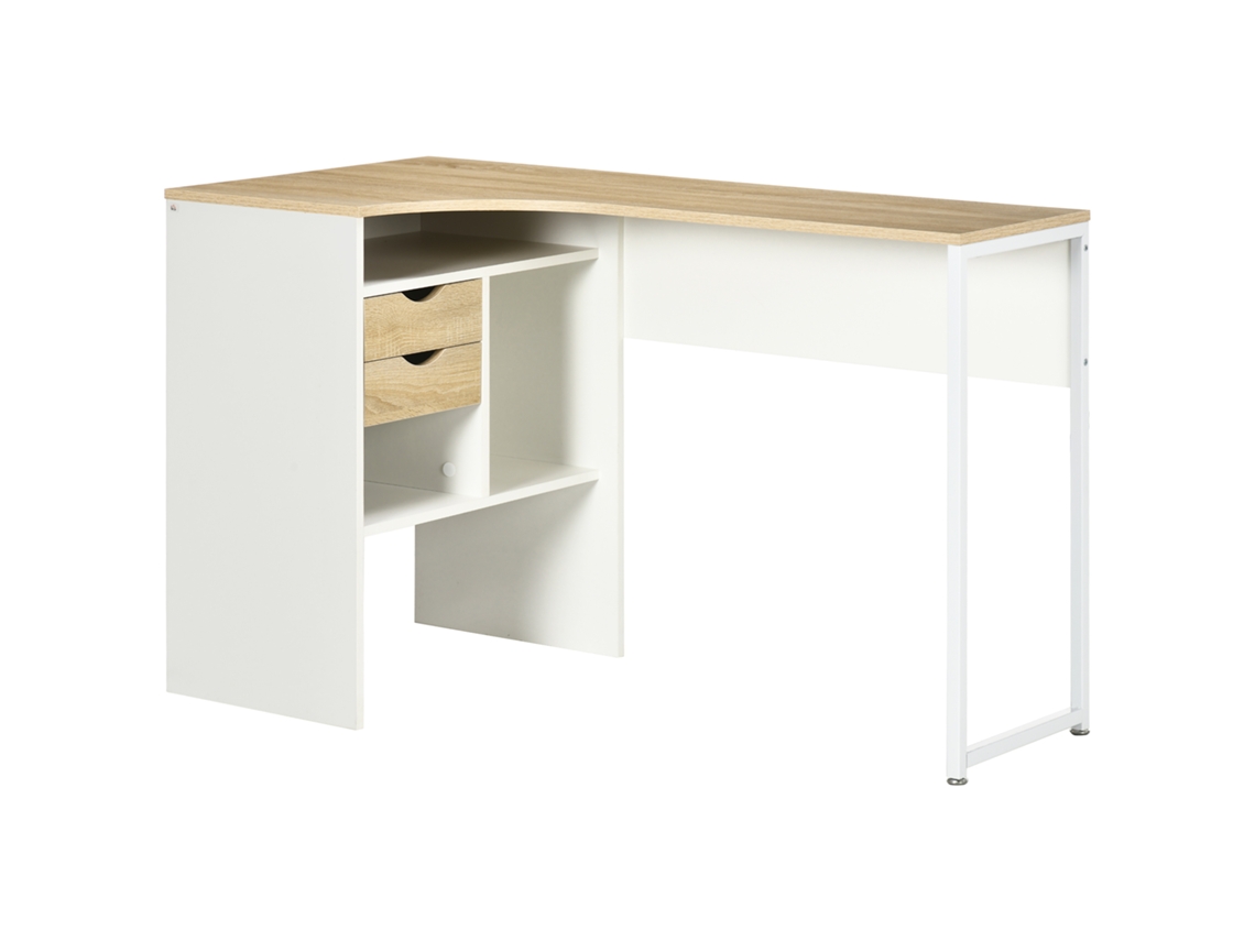 Escritorio Esquinero En L 120x60 Cm Con 2 Cajones Y 3 Compartimentos Abiertos, Mesa Para Ordenador, Roble Claro