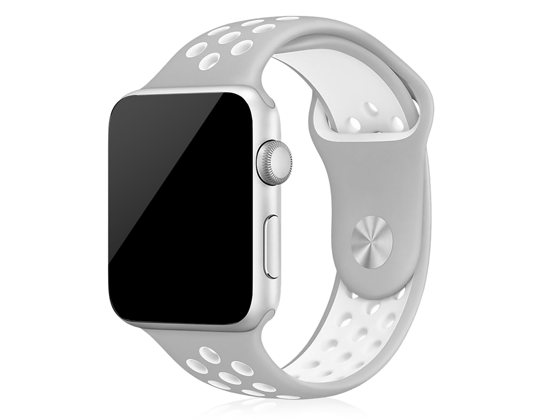 Correa deportiva de silicona compatible con Apple Watch de 42/44/45/49 mm. Talla S/M. 20 x 2 x 0,2 cm. Color gris.