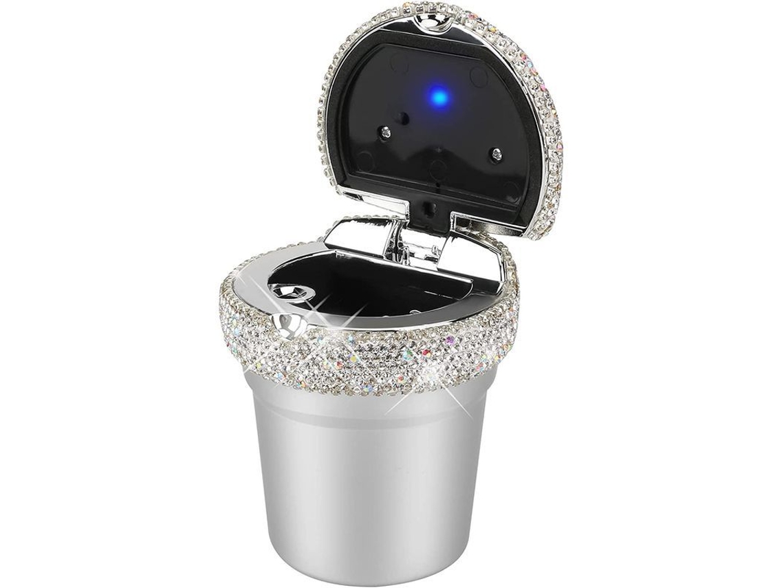 Cenicero para coche con diamantes, cenicero portátil sin humo con luz LED y tapa resistente al calor.