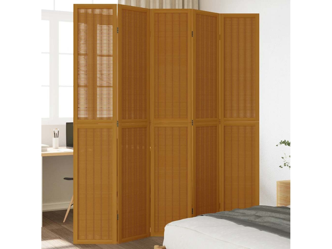 Biombo Separador De 5 Paneles Madera Maciza Paulownia Marrón