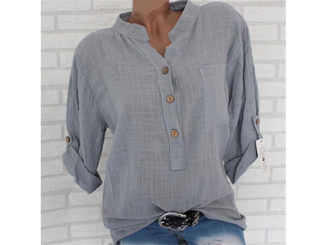 2026-camisa De Lino Y Algodón Para Mujer Con Mangas Que Se Enrollan Y Bajo Asimétrico