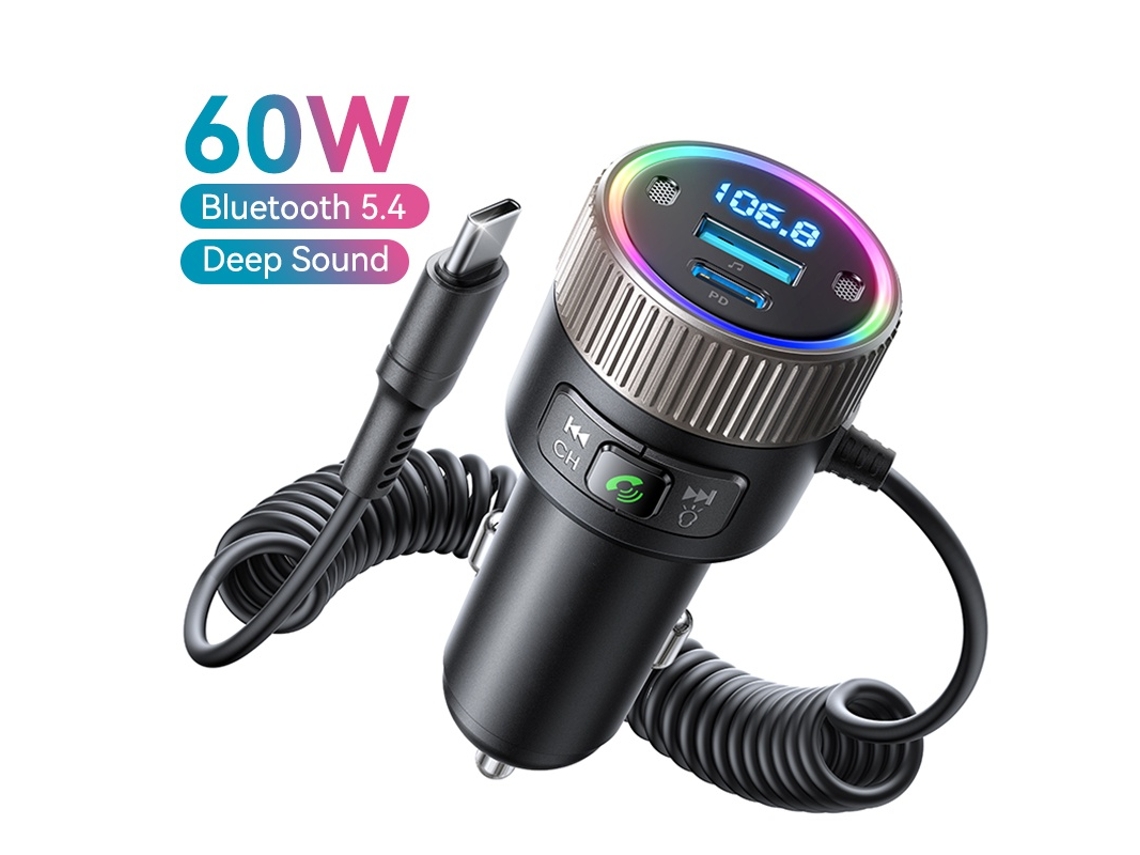 Transmisor de FM YIZHOOD 60W Bluetooth 5.4 PD QC 3.0 Cargador de coche súper rápido Micrófonos duales HiFi Deep Sound USB C negro