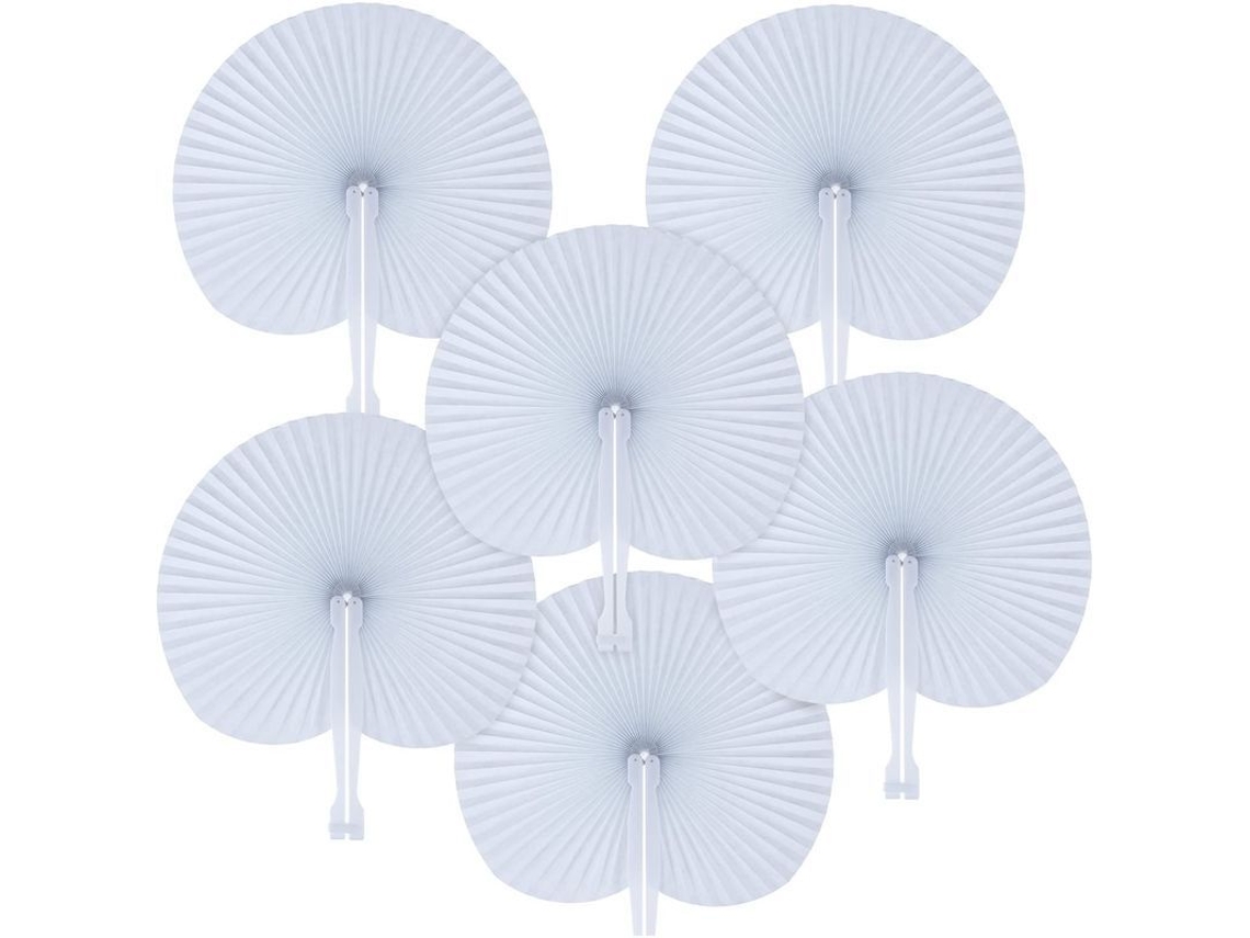 24 Abanicos Redondos Plegables De Papel Con Mango De Plástico Para Bodas Y Fiestas - Blanco